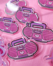 Load image into Gallery viewer, Glitter pink Boombox 90's acrylic pin, Miss Jediflip collab, 90's brooch, fairy spank kei