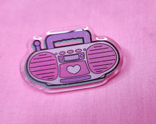 Load image into Gallery viewer, Glitter pink Boombox 90's acrylic pin, Miss Jediflip collab, 90's brooch, fairy spank kei