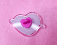 Load image into Gallery viewer, Glitter swoosh heart acrylic pin, Miss Jediflip collab, 90s badge fairy spank kei