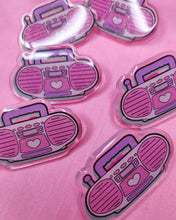 Load image into Gallery viewer, Glitter pink Boombox 90's acrylic pin, Miss Jediflip collab, 90's brooch, fairy spank kei