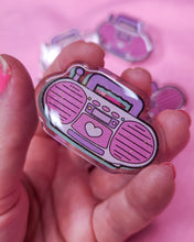 Load image into Gallery viewer, Glitter pink Boombox 90's acrylic pin, Miss Jediflip collab, 90's brooch, fairy spank kei
