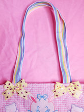 Load image into Gallery viewer, Pink gingham retro animal pastel ruffle iridescent lace quilted tote bag
