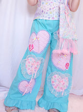 Load image into Gallery viewer, Blue lovecore heart quilted applique ruffle pants, size XL
