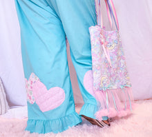 Load image into Gallery viewer, Blue lovecore heart quilted applique ruffle pants, size XL