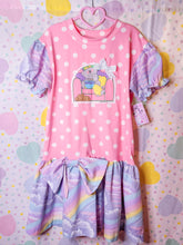 Load image into Gallery viewer, Pink polka dot pastel rainbow t-shirt dress, size S/M