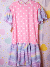 Load image into Gallery viewer, Pink polka dot pastel rainbow t-shirt dress, size S/M