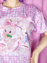 Load image into Gallery viewer, Pink heart gingham retro kitsch animal boxy top, fairy spank kei size Large