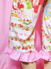 Load image into Gallery viewer, Colorful pants with strawberry pattern and text on a pink background