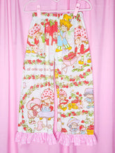 Load image into Gallery viewer, Capri pants with cartoon characters and strawberry pattern on a pink background