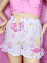 Load image into Gallery viewer, Ruffle shorts with Ballerina Barbie patterns on a pink background