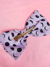 Load image into Gallery viewer, Lavender/black moon phase hair bow, kawaii Halloween pastel goth