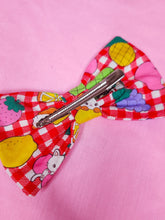 Load image into Gallery viewer, Red gingham check fruit hair bow, retro kitschy animal Showa era