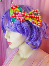 Load image into Gallery viewer, Red gingham check fruit hair bow, retro kitschy animal Showa era