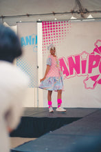 Load image into Gallery viewer, Pink polka dot pastel rainbow t-shirt dress, size S/M