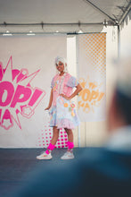 Load image into Gallery viewer, Pink polka dot pastel rainbow t-shirt dress, size S/M