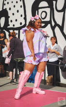 Load image into Gallery viewer, Lavender rainbow unicorn ruffle shorts, plus size 2X fairy spank kei