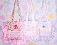 Load image into Gallery viewer, Valentine teddy bear treats ruffle tote bag, iridescent pink lace lovecore