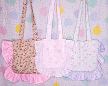 Load image into Gallery viewer, Valentine teddy bear treats ruffle tote bag, iridescent pink lace lovecore
