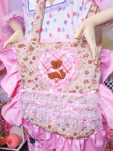 Load image into Gallery viewer, Valentine teddy bear treats ruffle tote bag, iridescent pink lace lovecore