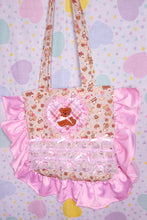 Load image into Gallery viewer, Valentine teddy bear treats ruffle tote bag, iridescent pink lace lovecore