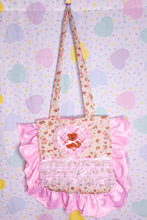 Load image into Gallery viewer, Valentine teddy bear treats ruffle tote bag, iridescent pink lace lovecore