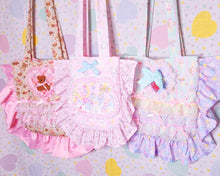 Load image into Gallery viewer, Valentine teddy bear treats ruffle tote bag, iridescent pink lace lovecore