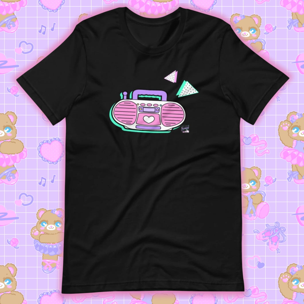 black t-shirt with barbie boombox