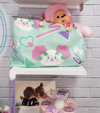 Load image into Gallery viewer, mint green tote bag with dog and bone print, full of plushies and monchhichi