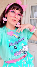 Load image into Gallery viewer, Femme modeling mint green Miss Alphabet 90's Barbie boombox logo t-shirt