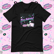 Load image into Gallery viewer, t-shirt with miss alphabet logo, pillows, and pink 90s barbie boombox print