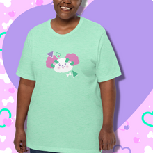 Load image into Gallery viewer, Mint green t-shirt featuring white dog artwork with pink ears on an African American model