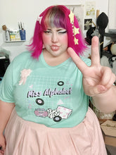 Load image into Gallery viewer, Femme with pink hair modeling mint green Miss Alphabet 90's Barbie boombox logo