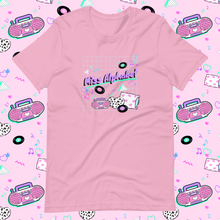 Load image into Gallery viewer, t-shirt with miss alphabet logo, pillows, and pink 90s barbie boombox print