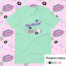 Load image into Gallery viewer, t-shirt with miss alphabet logo, pillows, and pink 90s barbie boombox print