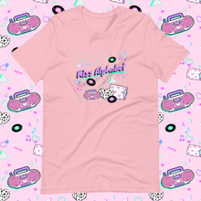 Load image into Gallery viewer, t-shirt with miss alphabet logo, pillows, and pink 90s barbie boombox print