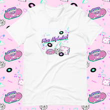 Load image into Gallery viewer, t-shirt with miss alphabet logo, pillows, and pink 90s barbie boombox print