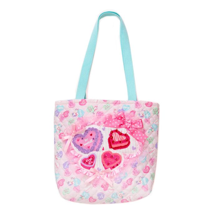 Quilted conversation hearts tote bag, lovecore vintage cake