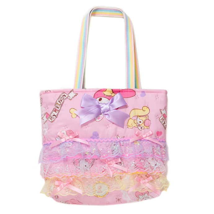 Quilted My Melody tote bag, pastel iridescent lace