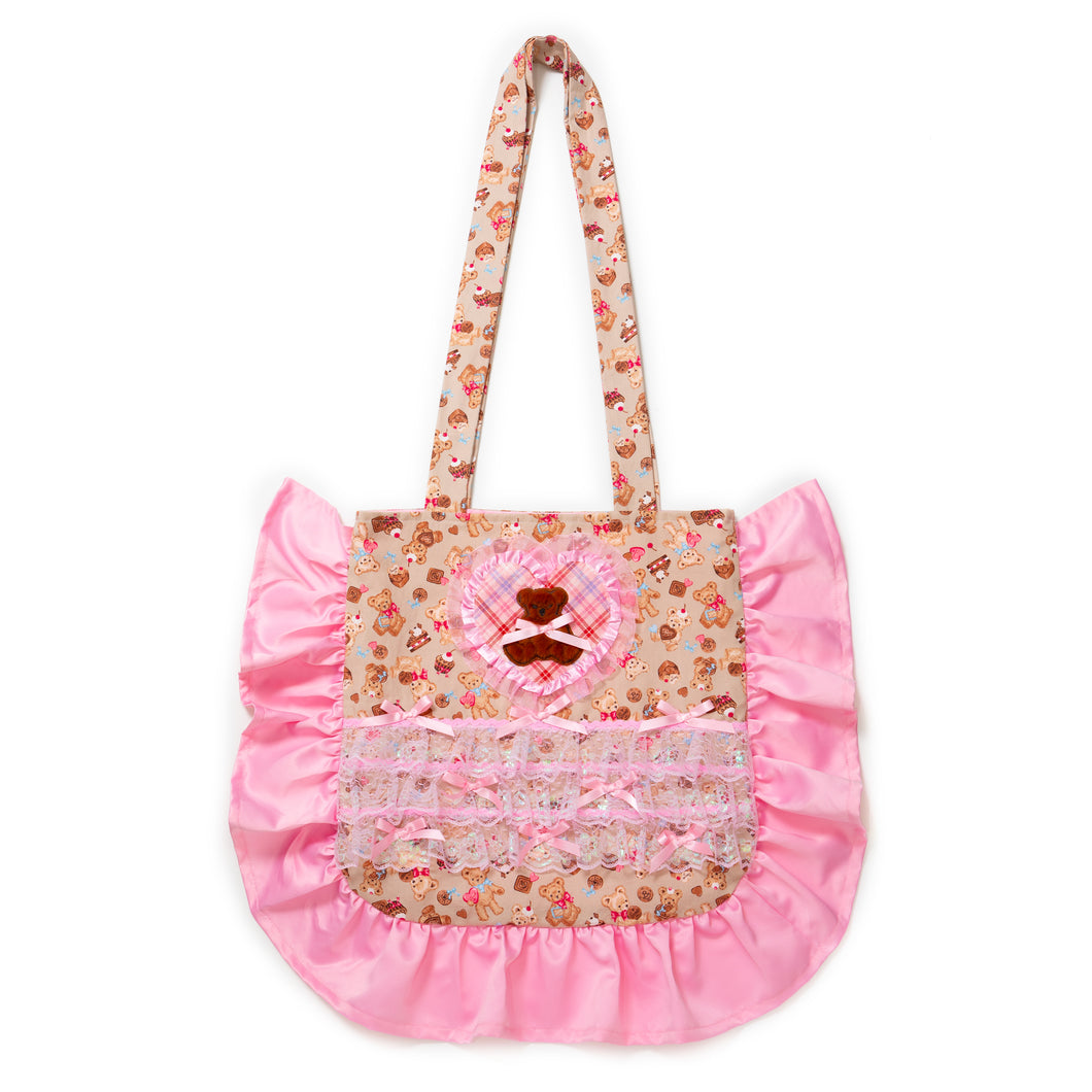 Valentine teddy bear treats ruffle tote bag, iridescent pink lace lovecore