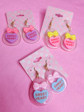 Load image into Gallery viewer, Yellow/pink glitter Conversation Hearts Spank! kei drop earrings