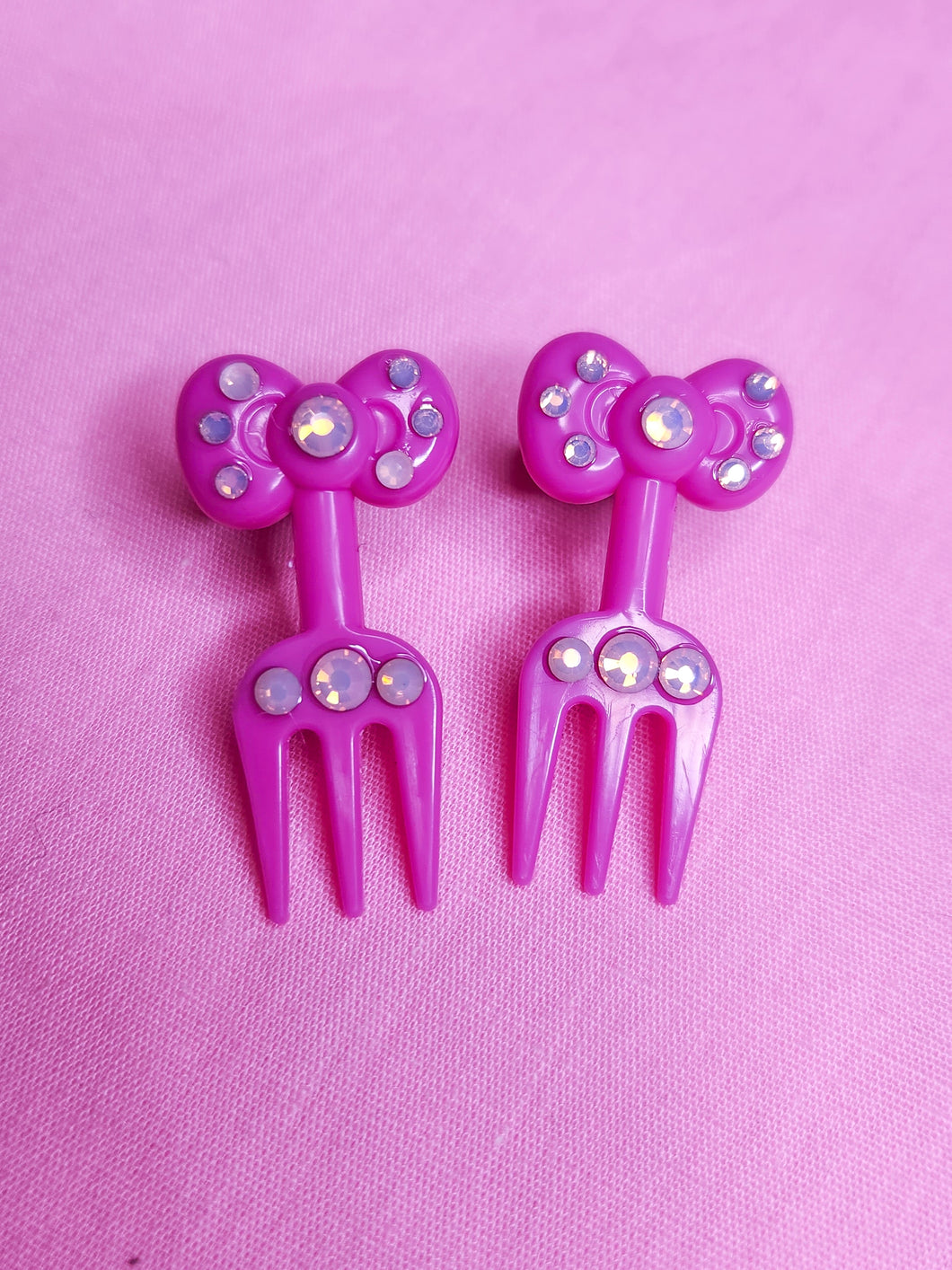 Pink bow fork bling stud earrings