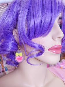 Yellow/pink glitter Conversation Hearts Spank! kei drop earrings