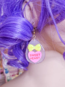 Yellow/pink glitter Conversation Hearts Spank! kei drop earrings