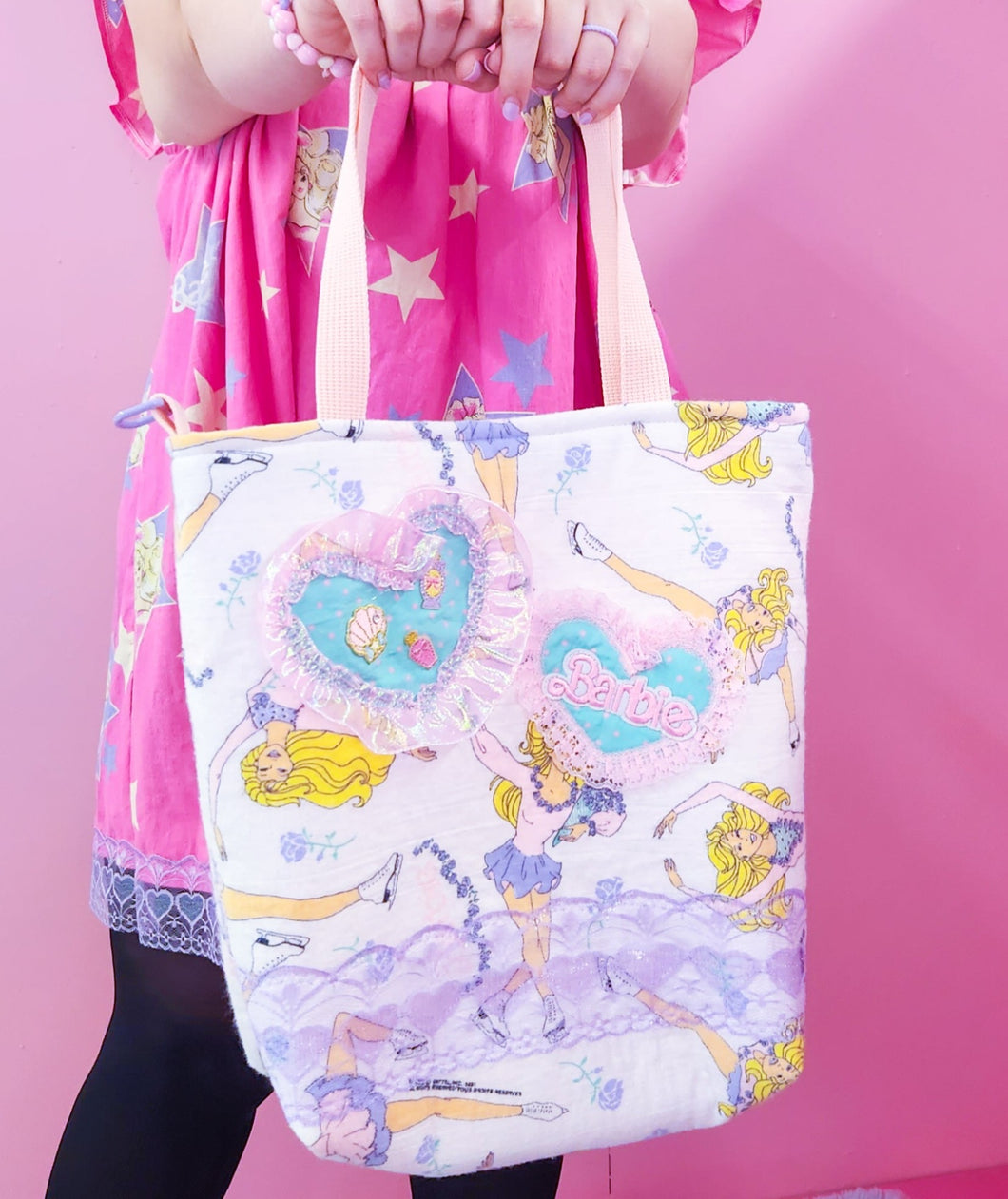 80's ice skating doll flannel bucket tote bag
