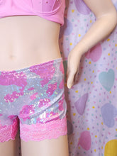 Load image into Gallery viewer, Pink cow print holographic hotpants, sizes S-4X