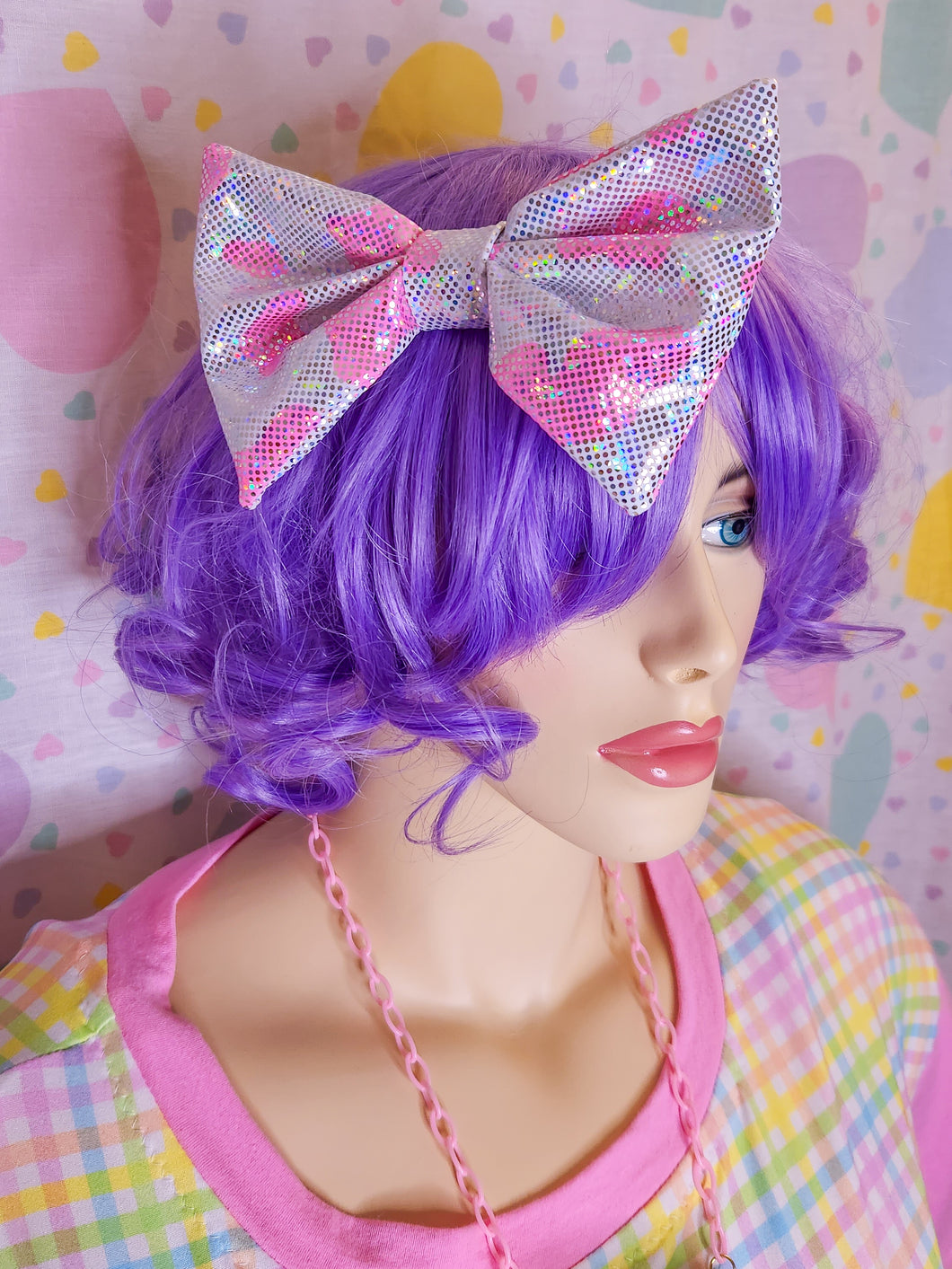 Pink cow spot holographic hair bow