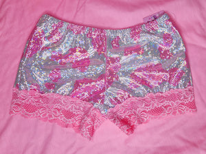 Pink cow print holographic hotpants, sizes S-4X