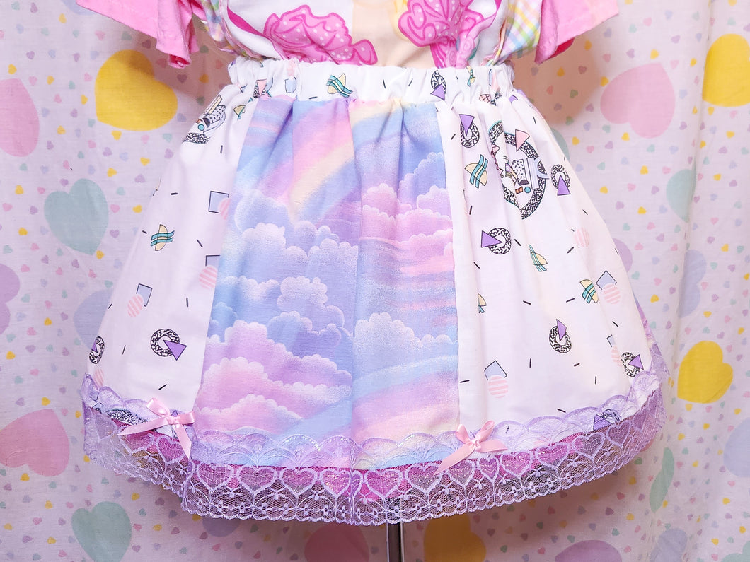Pastel rainbow memphis paneled upcycled skirt, size L