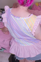 Load image into Gallery viewer, Pastel stripe spank kei 90&#39;s rocking horse collage ruffle top, size XL