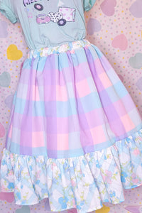 Pastel plaid gingham check cottagecore ruffled midi skirt, size 2X